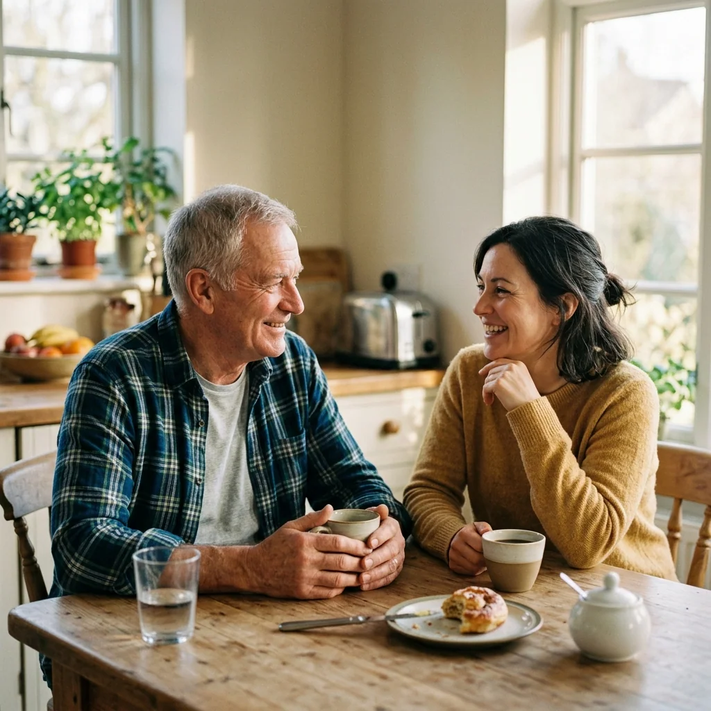 Older man relaxed in conversation with family at home